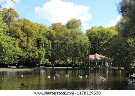 View of a Kiosk and lake in the Saint Stephen's Green park in Dublin, Ireland