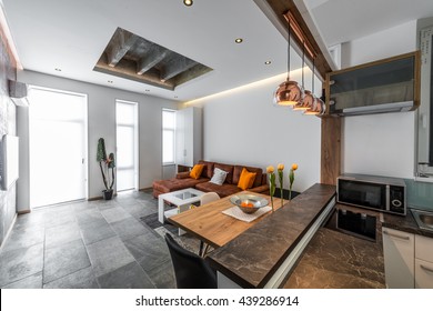 View From Kitchen To Living Room In Modern Flat Interior