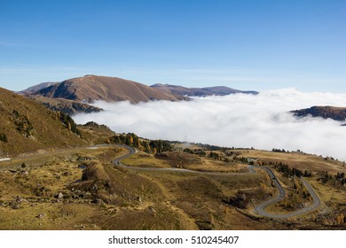View From Klomnock 2.331m To Nockalm Road In Carithia Austria In Autumn