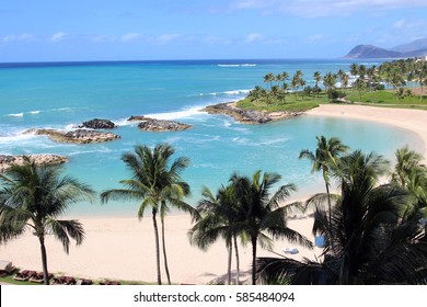 View of the Ko Olina beach resort and the Naia Lagoon, Oahu, Hawaii, USA