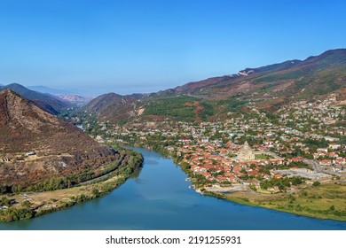 View Of Kura And Aragvi Rivers Merge From Hill With Jvari Monastery, Georgia