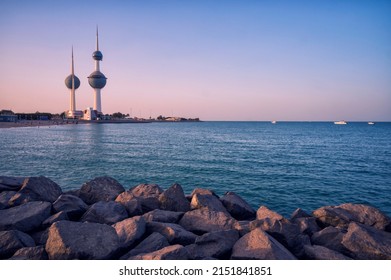 View of the Kuwait skyline - with the best known landmark of Kuwait City - during sunset. Sun set sea view , kuwait city 