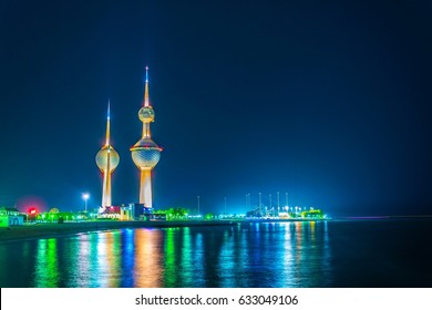 View Of The Kuwait Towers - The Best Known Landmark Of Kuwait City - During Night