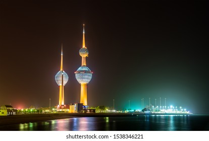 View Of The Kuwait Towers At Night. Kuwait City, The Middle East