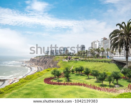 View of la Costa Verde coast along the Miraflores neighborhood in Lima, Peru