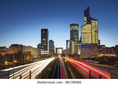 View of a La defense district business in Paris at night, France 