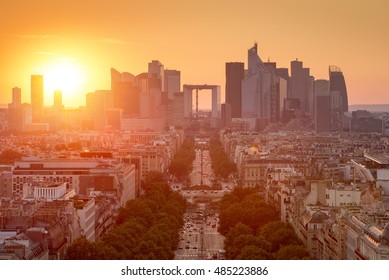 View of La defense district business in Paris at sunset, view from arc de triomphe 
