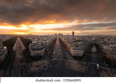 View Of La Defense Financial District And The Grande Armée Avenue Seen From The Top Roof Of The Arc De Triomphe (Triumphal Arch) In Paris, France.