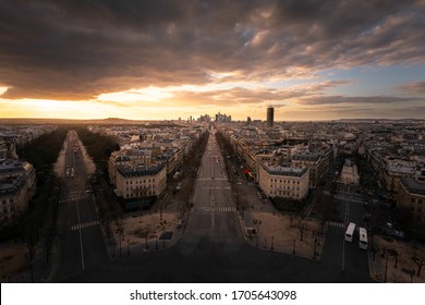 View of La Defense financial district and the Grande Armée avenue seen from the top roof of the Arc de Triomphe (Triumphal Arch) in Paris, France.