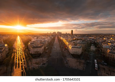 View Of La Defense Financial District And The Grande Armée Avenue Seen From The Top Roof Of The Arc De Triomphe (Triumphal Arch) In Paris, France.