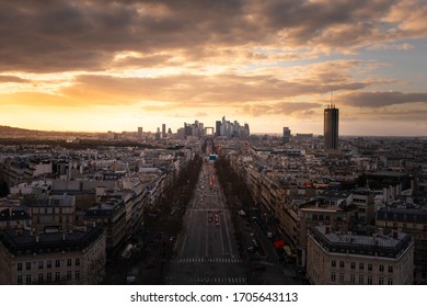 View Of La Defense Financial District And The Grande Armée Avenue Seen From The Top Roof Of The Arc De Triomphe (Triumphal Arch) In Paris, France.