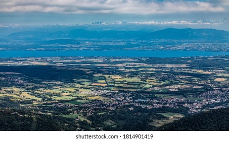View of Lac Leman and the Alps from Jura Mountains in France.