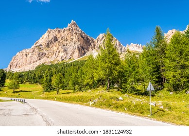 View at the Lagazuoi Peak from the road to Falzarego Pass in South Tyrol - Italy