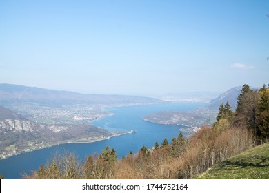 View of Lake Annecy and mountain landscape from Col de la Forclaz. Haute-Savoie, France
