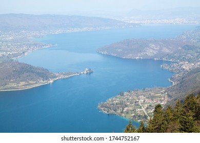 View of Lake Annecy and mountain landscape from Col de la Forclaz. Haute-Savoie, France