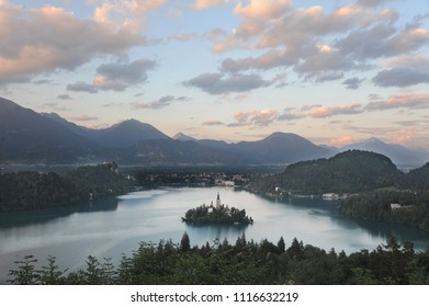 view of the lake of bled and its island from the top of the mountains