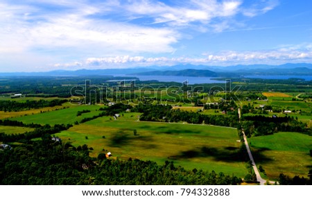 View of Lake Champlain and Adirondacks from Mt. Phillo in Charlotte, Vt