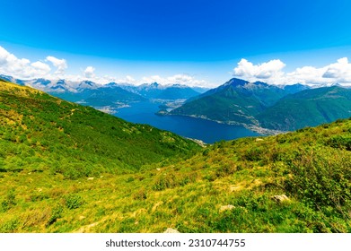 View of Lake Como, looking north, from Santa Maria Rezzonico, with the Alps, the villages and the mountains of Valtellina.
 - Shutterstock ID 2310744755