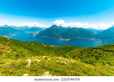 View of Lake Como, looking north, from Santa Maria Rezzonico, with the Alps, the villages and the mountains of Valtellina.
 - Shutterstock ID 2310744759