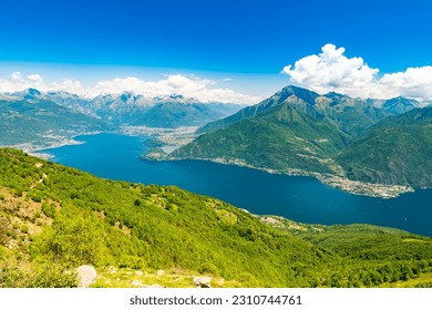 View of Lake Como, looking north, from Santa Maria Rezzonico, with the Alps, the villages and the mountains of Valtellina.
 - Shutterstock ID 2310744761