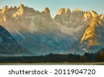 view from Lake di Landro, Dolomites, Italy to massif Monte Cristallo