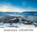 A view of Lake Geneva in Switzerland with snow