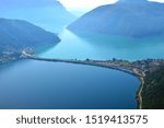 View of Lake Lugano panorama from Monte San Salvatore Bridge over Lake Lugano in Switzerland.
