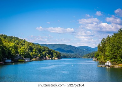 View of Lake Lure and distant mountain ranges, in Lake Lure, North Carolina.