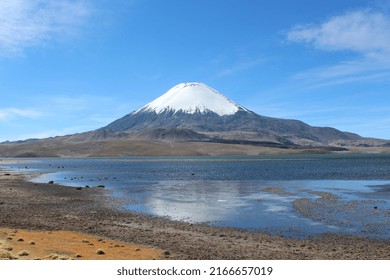 View Of Chungará Lake And Parinacota Volcano, In The Chilean Highlands.