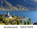 View of lake Thun in Switzerland during autumn season from Spiez train station