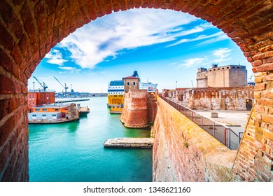 View of the landmark Fortezza Vecchia, an old fortress with a tower located in Livorno, a port city on the Ligurian Sea in Tuscany, Italy.