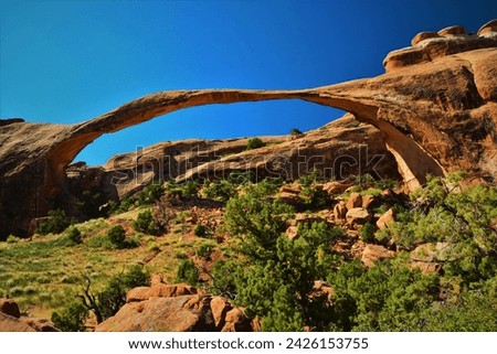 View of Landscape Arch (with the span 88.4 m it belongs among the longest natural rock arches in the world) in the Devils Garden area (Arches National Park, Utah, United States)