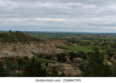 A view of the landscape with the badlands in view at Theodore Roosevelt National Park in North Dakota