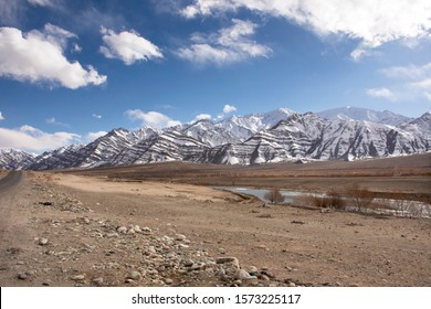 View landscape high range mountain and Sindhu or Indus River on Leh Manali and Srinagar Leh Highway while winter season at Leh Ladakh in Jammu and Kashmir, India