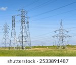 A view of a landscape of transmission towers and haystack fields, seen in Winnipeg, Manitoba.