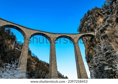 View of Landwasser Viaduct, Rhaetian railway, Graubunden in Switzerland at winter