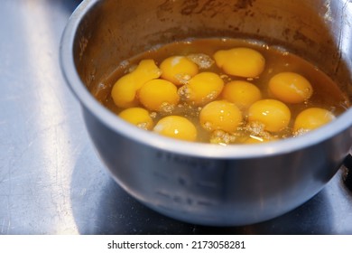 A view of a large bowl of raw eggs.