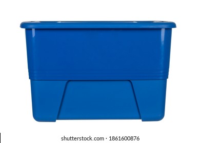 View Of Large Size Blue Plastic Box, For Storage Of Various Products, On White Background.