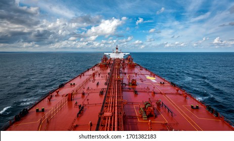 View of large tanker from forward mast