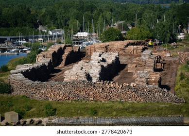 A view of a large timber yard with various logs in the Port of Riga