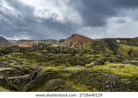 A view of the lava fields and colourful volcanic mountains of the Landmannalaugar Region of central Iceland