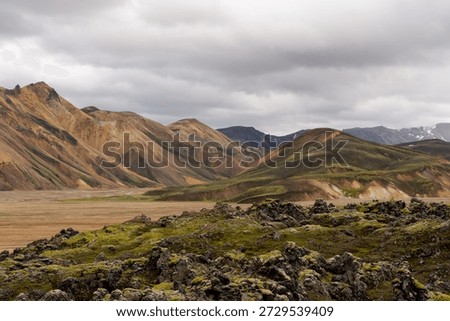 A view of the lava fields and colourful volcanic mountains of the Landmannalaugar Region of central Iceland