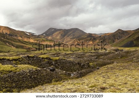 A view of the lava fields and colourful volcanic mountains of the Landmannalaugar Region of central Iceland
