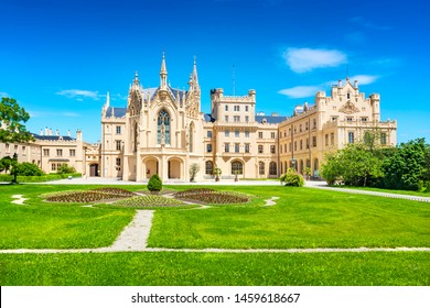 View of Lednice castle with monumental park in South Moravia – UNESCO (Czech Republic)