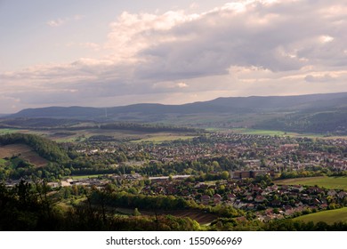   A view of the Leinebergland and the city of Alfeld                             