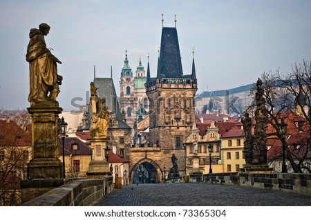 View of the Lesser  Bridge Tower of Charles Bridge in Prague (Karluv Most) the Czech Republic. This bridge is the oldest in the city and a very popular tourist attraction.