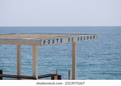 View of the lifeguard post on the beach in Nice. The inscription in French "rescue post"