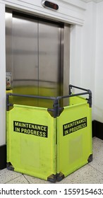 A View Lift Or Elevators Closed For Repair Or Maintenance. The Safety First Concept, Blocking Space By Technicians For Repair & Maintenance Of Elevator Passenger.