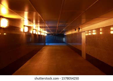 View of lighted underpass at night in Moscow
