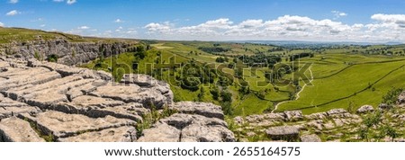 The view from the limestone pavement at the top of Malham Cove in the Yorkshire Dales national park, UK